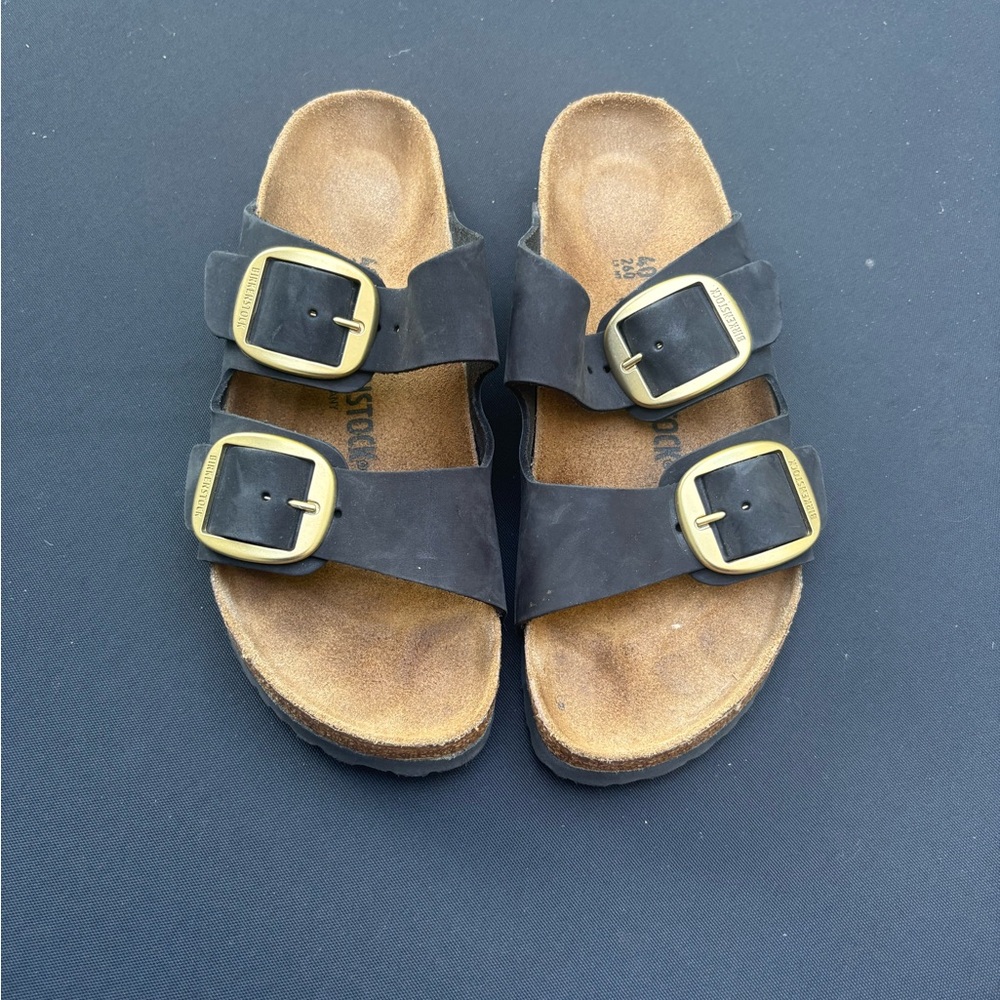 Birkenstock Arizona Black Big Buckle  Sandals with Gold Accents 40/9
